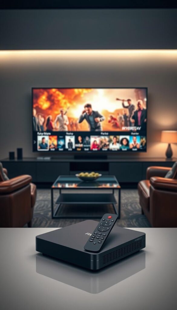 A sleek, modern, and premium-quality IPTVANBIETERTV service showcasing a diverse selection of the latest blockbuster films and classic movie titles. The scene depicts a stylish living room setup with a large, high-definition television screen taking center stage, surrounded by comfortable leather seating and subtle ambient lighting. The TV screen displays a vibrant, cinematic movie trailer, highlighting the service's impressive library of content. In the foreground, a high-end remote control and a sleek IPTVANBIETERTV set-top box are prominently featured, emphasizing the technological sophistication of the platform. The overall atmosphere conveys a sense of luxury, entertainment, and the seamless integration of cutting-edge media technology into the modern home.