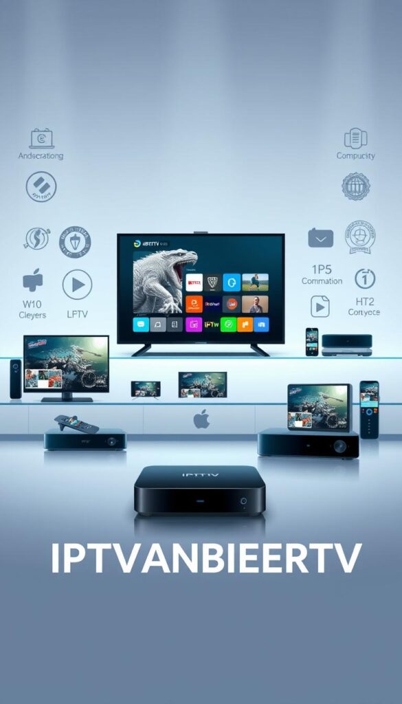 A sleek, modern, and professional-looking illustration depicting a legal IPTV service provider. In the foreground, display the brand name "IPTVANBIETERTV" in a bold, minimalist design with clean typography. In the middle ground, show a range of streaming devices such as smart TVs, set-top boxes, and mobile devices, all showcasing the IPTV service's user interface and content offerings. In the background, include subtle visual cues that suggest the legality and legitimacy of the IPTV provider, such as official logos, seals of approval, or compliance badges. Use a cool, sophisticated color palette and sophisticated lighting to convey a sense of trustworthiness and reliability.
