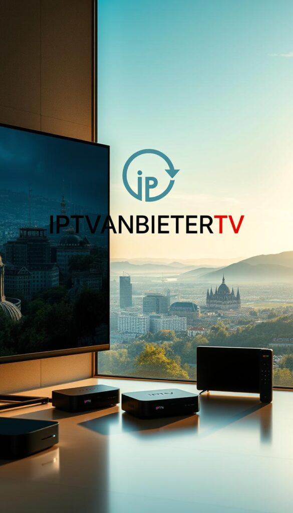 A sleek, modern, and technologically-advanced IPTV platform set against the backdrop of the German landscape. The IPTVANBIETERTV logo prominently displayed, conveying a sense of authority and reliability in the IPTV market. The scene is illuminated by soft, diffused lighting, creating a warm and inviting atmosphere. The foreground features a selection of IPTV-enabled devices, such as smart TVs and streaming boxes, showcasing the versatility and accessibility of the service. The middle ground depicts a cityscape with modern, high-rise buildings, suggesting the urban setting and the widespread adoption of IPTV technology. The background features rolling hills and a clear sky, providing a serene and picturesque context for the IPTV platform.