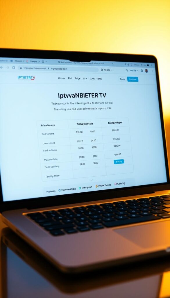 A sleek, modern, and transparent IPTVANBIETERTV website displayed on a laptop screen, showcasing a clear and concise price overview with no hidden fees. The scene is illuminated by a warm, directional light, casting subtle shadows and highlights on the laptop's surface. The layout is clean and minimalist, emphasizing the straightforward pricing information. The background is a soft, neutral tone, allowing the website content to be the central focus. The overall mood is one of trust, clarity, and professionalism, reflecting the reliability and transparency of the IPTVANBIETERTV service.