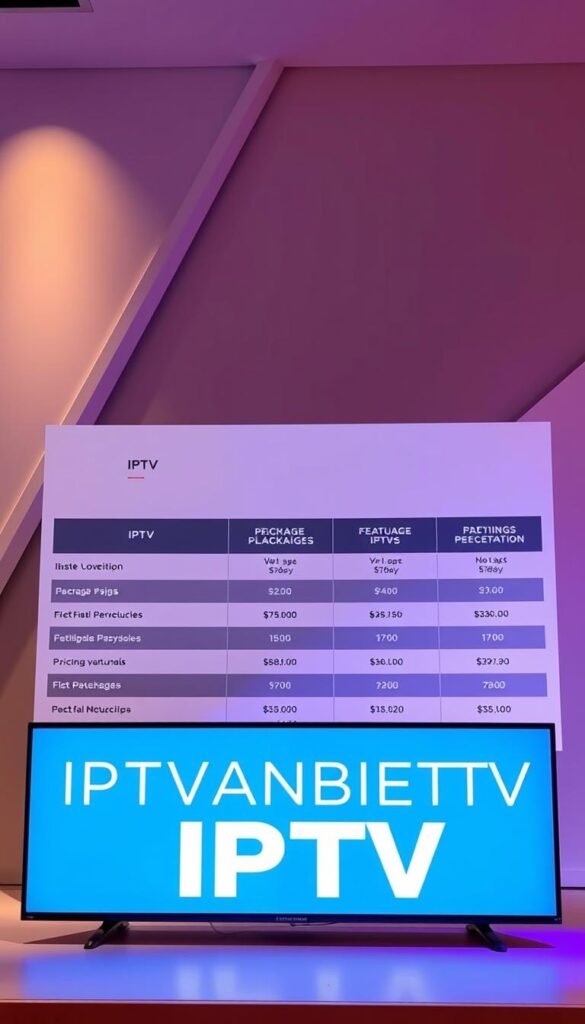 A sleek, modern, and visually appealing comparison of IPTV pricing packages, showcased in a stylish layout. The foreground displays the IPTVANBIETERTV brand name prominently, conveying a sense of professionalism and authority. The middle ground features a clean, minimalist grid layout highlighting the various IPTV package options, their features, and pricing details. The background subtly incorporates geometric patterns and soft gradients, creating a sense of depth and sophistication. The overall mood is one of clarity, sophistication, and attention to detail, befitting the subject matter. Lit with a combination of warm and cool lighting to create depth and visual interest, captured at a slight angle to add dynamism to the composition.