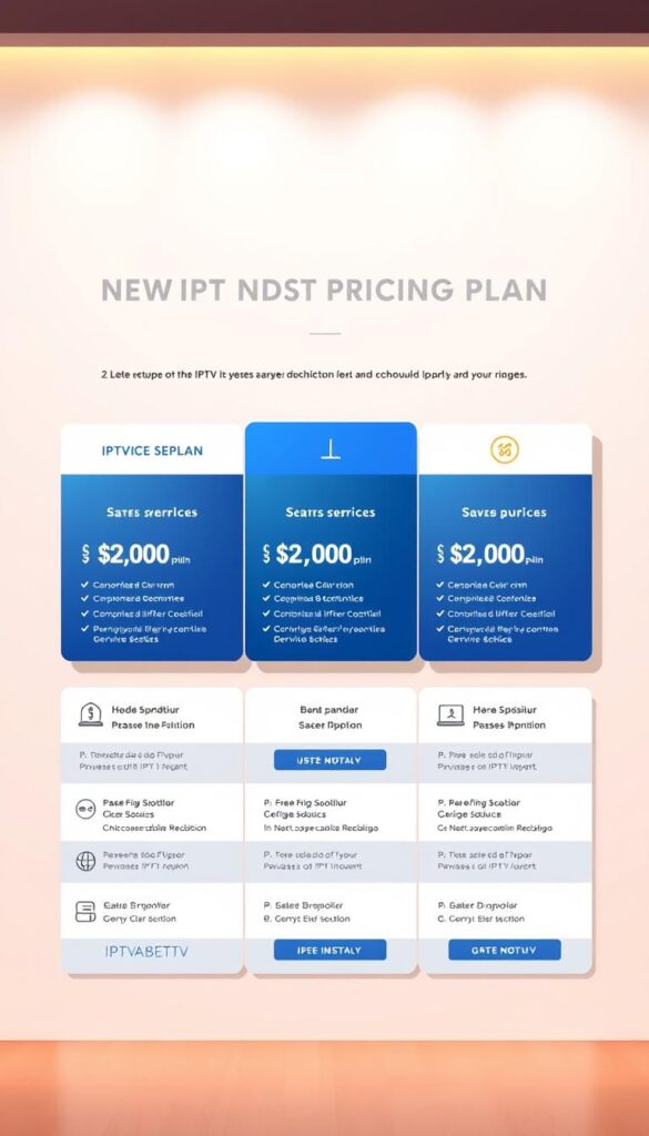 A sleek, modern, and visually appealing illustration showcasing the attractive IPTVANBIETERTV pricing packages. Set against a clean, minimalist background, the image should feature a sophisticated arrangement of various IPTV service plan options, each displayed with clear, concise pricing information. Use a warm, inviting color palette that conveys a sense of value and affordability. Incorporate elegant icons or simple graphics to visually highlight the key features of each package. Arrange the elements in a balanced, grid-like layout to create a visually striking and informative presentation. Utilize soft, diffused lighting to create a sense of depth and sophistication, and consider using a slightly elevated camera angle to provide an engaging, eye-catching perspective.