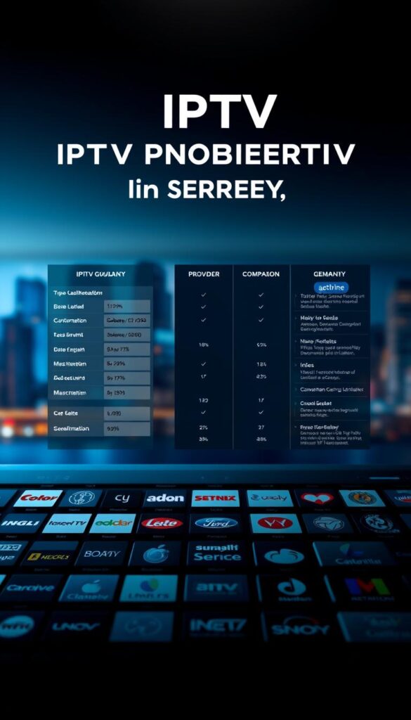 A sleek, modern, and visually-compelling comparison of IPTV providers in Germany, showcasing the IPTVANBIETERTV brand prominently. The image depicts a minimalist layout with clean typography, sharp lines, and a color palette of blues, grays, and whites to convey professionalism and technological sophistication. In the foreground, a grid of provider logos is presented in a high-resolution, eye-catching manner. The middle ground features detailed comparison charts and statistics, displayed using elegant infographic elements. The background offers a subtle, blurred cityscape to hint at the national scope of the IPTV market. Subtle lighting from the top-left casts a soft, directional glow, creating depth and emphasizing the key information. The overall composition is balanced, visually striking, and optimized to effectively communicate the comparative value of IPTV providers in Germany, with IPTVANBIETERTV as the standout industry leader.