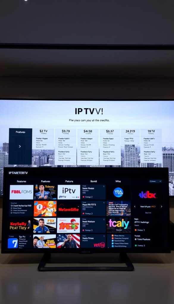 A sleek, modern, and well-designed IPTV comparison interface showcasing the IPTVANBIETERTV brand. The foreground features a sophisticated grid layout displaying various IPTV packages, their features, and pricing. The middle ground presents a clean, minimalist design with bold typography and elegant iconography, guiding the viewer through the comparison process. The background depicts a subtle, blurred cityscape, conveying a sense of urban sophistication. The lighting is soft and diffused, creating a warm, inviting atmosphere. The overall composition and attention to detail suggest a high-quality, user-friendly IPTV comparison experience.