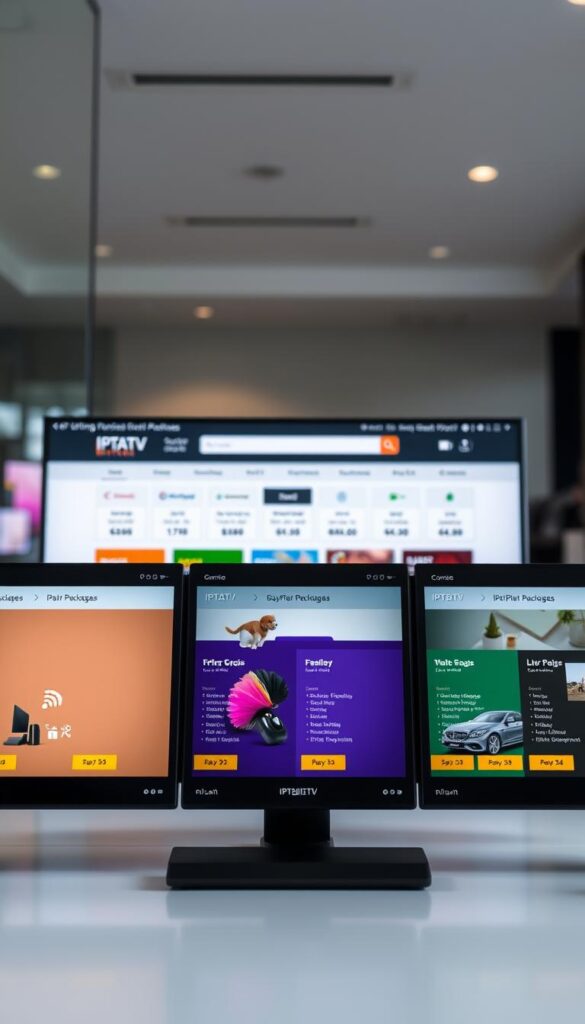 A sleek, modern, and well-designed IPTV comparison interface. In the foreground, a series of IPTV plan tiles showcasing different packages, prices, and features, presented in a clean and organized layout. The middle ground features a laptop or desktop computer screen displaying an IPTV comparison website, with a minimalist and intuitive user interface. The background is a softly blurred office or workspace setting, conveying a professional and trustworthy atmosphere. The overall scene should exude a sense of reliability, efficiency, and clarity, encouraging the viewer to explore IPTV options from the IPTVANBIETERTV brand.