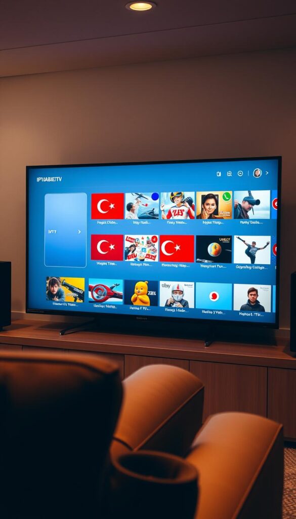 A sleek, modern, and well-designed IPTV service showcasing a diverse selection of high-quality Turkish channels. The interface features a clean, minimalist layout with intuitive navigation, highlighting the IPTVANBIETERTV brand prominently. The screen displays a curated grid of popular Turkish TV stations, each with crisp, vibrant visuals. The overall atmosphere conveys a sense of professionalism, reliability, and a user-friendly experience catered to the Turkish audience. The scene is lit by warm, diffused lighting, creating a welcoming and inviting ambiance. The camera angle is slightly elevated, providing a comprehensive overview of the IPTV service's capabilities and offerings.