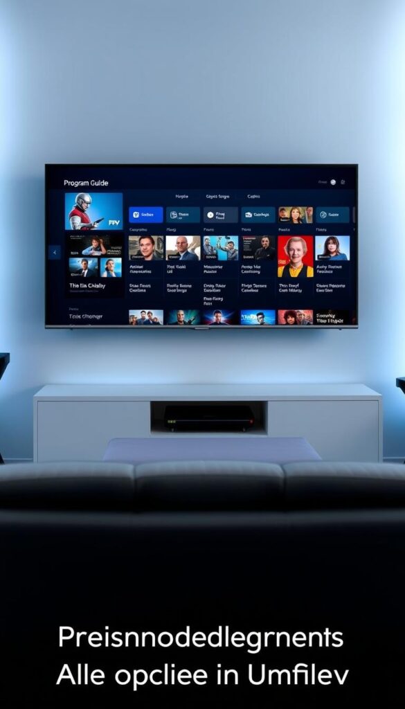 A sleek, modern, and well-designed IPTVANBIETERTV interface showcasing a comprehensive electronic program guide (EPG) with a clean, intuitive layout. The EPG displays a grid of upcoming TV show listings across multiple channels, with clear category labels, episode titles, and concise program descriptions. The interface has a sophisticated color palette of blues, grays, and whites, creating a sophisticated and professional aesthetic. The overall scene conveys a sense of organization, ease of use, and high-quality IPTV service, suitable for the "Preismodelle und Abonnements: Alle Optionen im Überblick" section of the article.