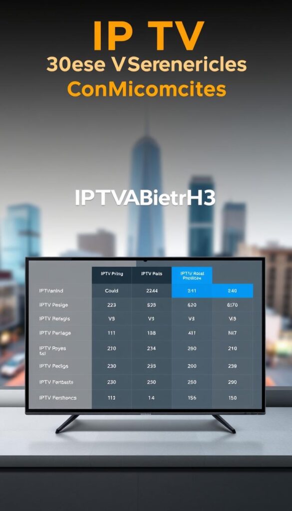A sleek, modern, and well-designed comparison of IPTV service providers, showcasing the pricing structure of IPTVanH3. The image features a sophisticated, minimalist layout with clean typography and a color palette of grays, blues, and whites. In the foreground, a large, high-resolution display presents the pricing details of IPTVanH3's service plans, with clear and concise information. The middle ground features the IPTVANBIETERTV logo, prominently displayed and integrated seamlessly into the design. The background is a blurred, soft-focus cityscape, conveying a sense of urban sophistication and technology. The overall mood is one of professionalism, clarity, and attention to detail, reflecting the high-quality nature of the IPTV service being compared.