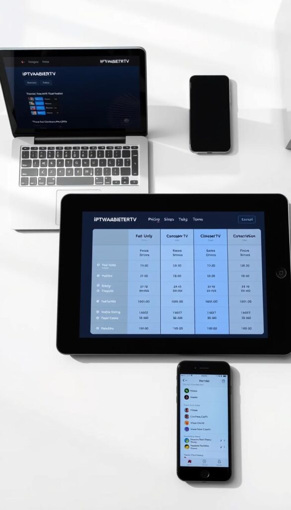 A sleek, modern, and well-designed comparison of IPTVANBIETERTV pricing models and subscription options, captured in a stylish and informative visual. The scene depicts a clean, minimalist workspace with a laptop, tablet, and smartphone arranged neatly, showcasing various IPTVANBIETERTV pricing plans and package details. The lighting is soft and diffused, creating a professional and sophisticated atmosphere. The layout is balanced and visually appealing, drawing the viewer's attention to the key information. The overall impression is one of clarity, organization, and attention to detail, reflecting the subject matter of the article section.