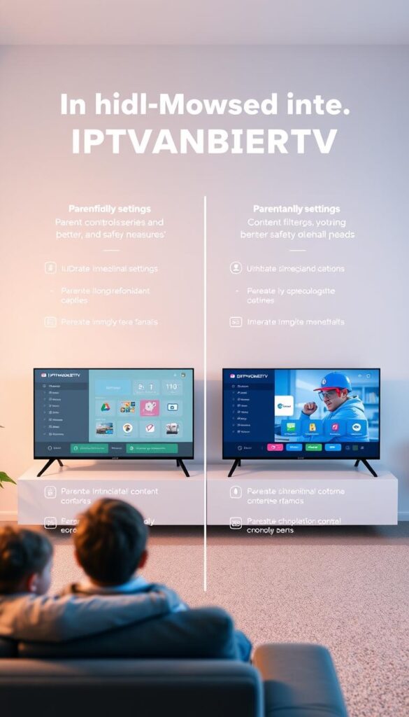 A sleek, modern, and well-designed comparison of IPTVANBIETERTV services, showcasing their child-friendly features. The image should have a clean, minimalist aesthetic with a focus on user-friendly interfaces and intuitive controls. Depict a variety of IPTVANBIETERTV platforms side-by-side, highlighting their parental control settings, content filtering, and other safety measures. The scene should be well-lit, with a subtle use of warm tones and soft shadows to create a welcoming and trustworthy atmosphere. The overall composition should be balanced and visually appealing, drawing the viewer's attention to the key features that make IPTVANBIETERTV a secure choice for families.