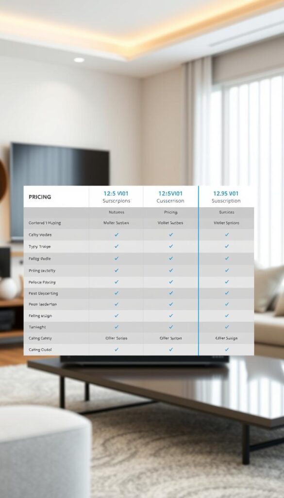 A sleek, modern, and well-designed comparison table showcasing the pricing models and subscription options of IPTVANBIETERTV, a leading IPTV provider. The table features clean lines, sharp edges, and a minimalist aesthetic, with a neutral color palette of grays, whites, and accents of blue. The table is the focal point, set against a softly blurred background that suggests a stylish, contemporary living room or home entertainment space. The lighting is natural and diffused, creating a warm and inviting atmosphere. The overall composition conveys a sense of professionalism, reliability, and attention to detail, reflecting the quality and value of IPTVANBIETERTV's services.