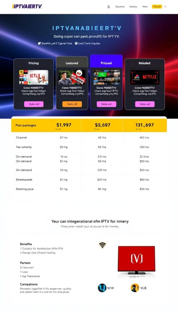 A sleek, modern, and well-designed digital interface showcasing the pricing and subscription plans of IPTVANBIETERTV, a leading IPTV provider. The interface features a clean layout with bold typography, intuitive navigation, and visually appealing graphics. The foreground displays the various IPTV packages, their prices, and the features included, such as channel selections, on-demand content, and streaming quality. The middle ground highlights the benefits of IPTVANBIETERTV's offerings, including seamless integration with popular streaming services like Netflix. The background conveys a sense of technological sophistication with subtle gradients and minimalist design elements, creating an overall impression of a premium IPTV service with exceptional value-for-money.