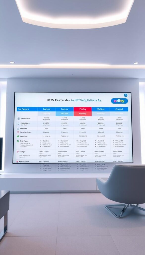 A sleek, modern, and well-designed iptv tarife comparison interface showcasing the key features, pricing, and channel offerings of the IPTVANBIETERTV service. The interface has a clean, minimalist aesthetic with a focus on clear information display and easy navigation. The layout features a central grid or carousel of different iptv tarife options, with detailed spec sheets for each plan prominently displayed. The overall scene has a professional, high-tech feel, with a cool color palette, subtle lighting, and sophisticated camera angles that highlight the elegance and usability of the IPTVANBIETERTV platform.