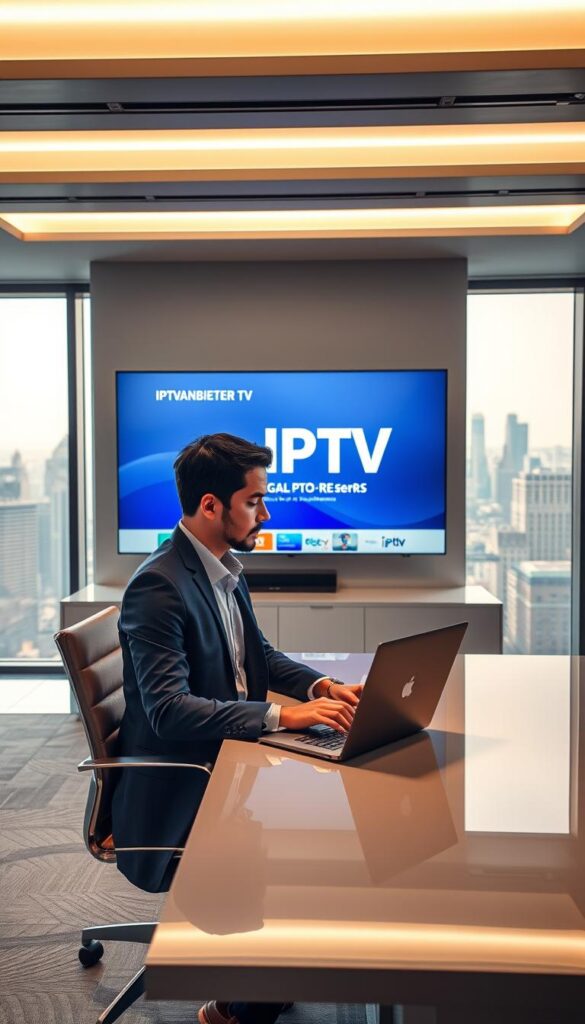 A sleek, modern, and well-designed office space showcasing the IPTVANBIETERTV brand. The scene features a large, frameless display on the wall showcasing legal IPTV services, with a clean and minimalist user interface. In the foreground, a professional-looking executive is seated at a stylish desk, using a high-end laptop, conveying a sense of legitimacy and reliability. The lighting is soft and diffused, creating a warm and inviting atmosphere. The background features floor-to-ceiling windows, offering a panoramic view of a bustling city skyline, emphasizing the company's presence in the digital landscape. The overall impression is one of a reputable, trustworthy, and technologically advanced IPTV provider.