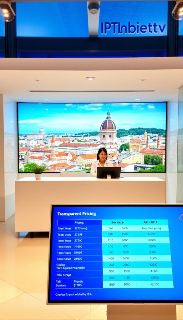 A sleek, modern, and well-designed office space showcasing the transparent pricing and attractive tariffs of IPTVANBIETERTV. The foreground features a large, high-resolution display presenting the company's service plans and packages in a clear, easy-to-understand format. The middle ground showcases a minimalist, stylish reception desk with a friendly staff member assisting a customer. The background depicts a panoramic view of a vibrant, cosmopolitan European cityscape, conveying a sense of global connectivity and accessibility. The lighting is bright and natural, creating a welcoming and professional atmosphere. The overall scene exudes a sense of reliability, transparency, and value for the customer.