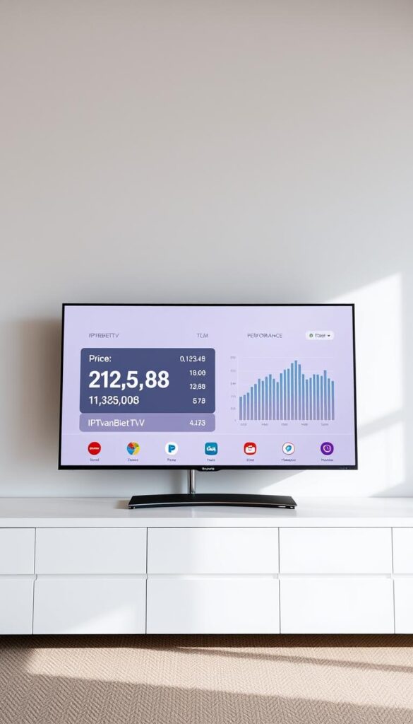 A sleek, modern, and well-designed smart TV display showcasing the IPTVANBIETERTV brand. The screen prominently features a balanced ratio of price and performance metrics, presented in a clean, minimalist style. The background is a soft, neutral-toned gradient, allowing the information to take center stage. The overall composition conveys a sense of value, efficiency, and technological sophistication. The lighting is natural and evenly distributed, creating a sense of clarity and professionalism. The camera angle is slightly elevated, giving the viewer a sense of authority and credibility.