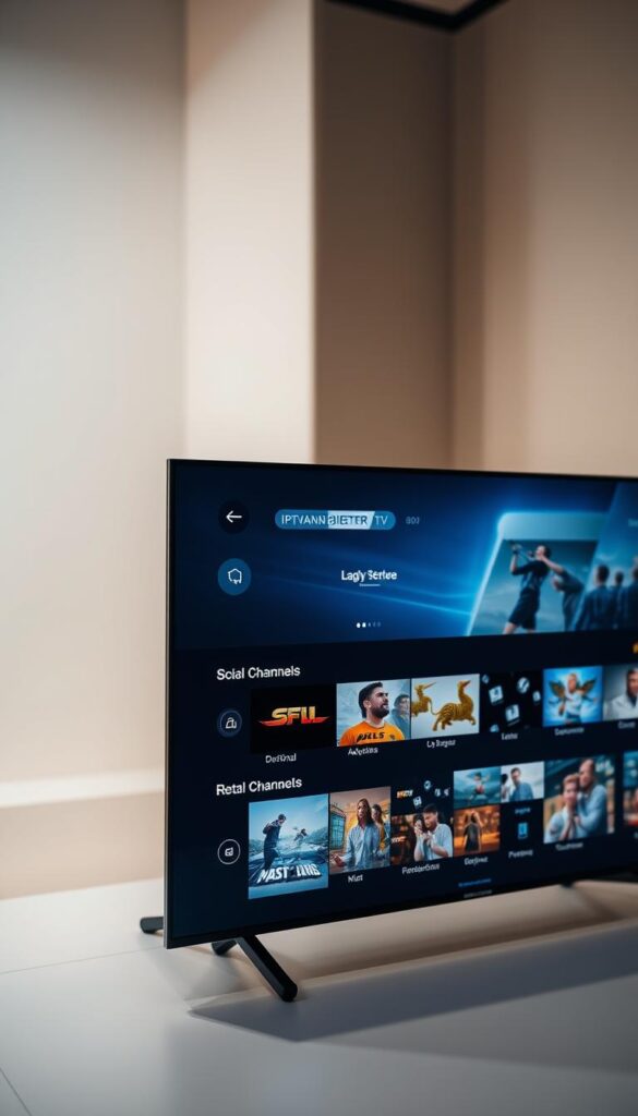 A sleek, modern, and well-designed user interface showcasing the IPTVANBIETERTV brand. The interface features a clean layout with a prominent search bar, intuitive navigation menus, and high-quality thumbnail previews of various IPTV channels and content. The overall aesthetic is minimalist, with a cool color palette of blues, grays, and whites, creating a sophisticated and professional look. The lighting is soft and diffused, creating a warm and inviting atmosphere. The camera angle is slightly elevated, giving a sense of authority and reliability to the IPTVANBIETERTV brand. The background is blurred, keeping the focus on the elegant and user-friendly interface.