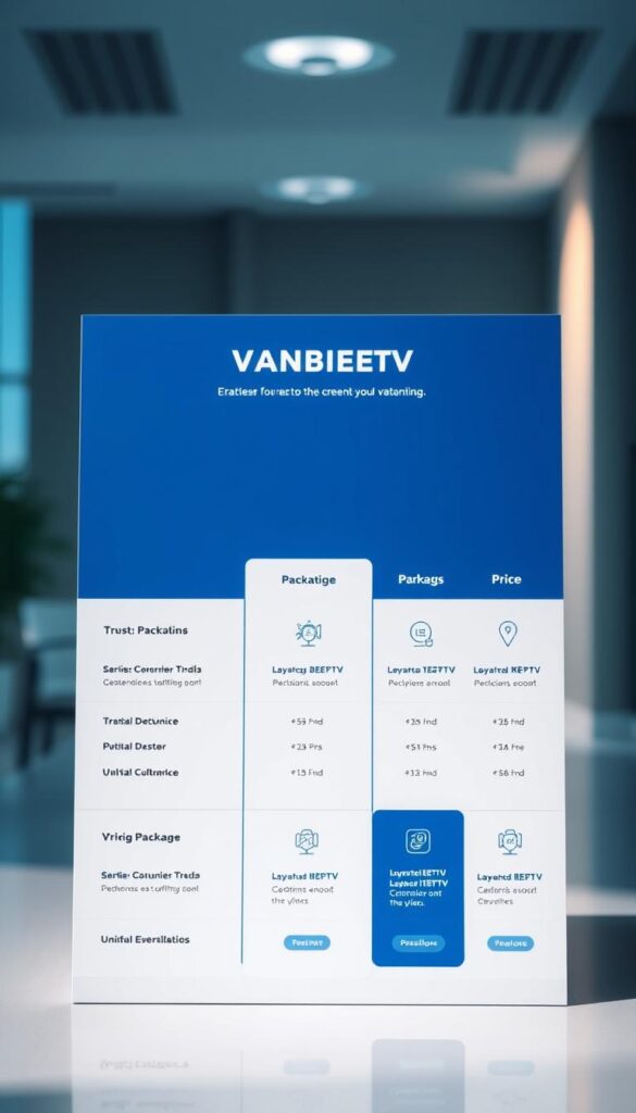 A sleek, modern, and well-designed user interface showcasing the pricing options of IPTVANBIETERTV. The layout features a clean grid-like arrangement, with each package clearly outlined and detailed. The color scheme is a sophisticated blend of blues and grays, creating a sense of professionalism and trust. Subtle gradients and shadows add depth and dimension, while high-quality icons and illustrations enhance the overall aesthetic. The entire scene is bathed in a warm, diffused lighting, creating a inviting and approachable atmosphere. The composition places the pricing information at the forefront, ensuring it is the focal point of the image, while the background is blurred and minimalist, allowing the content to take center stage.