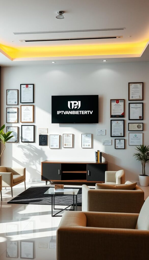 A sleek, modern, and well-lit office interior with a large wall-mounted display showcasing the IPTVANBIETERTV brand logo. The display is surrounded by various legal documents, certificates, and regulations, conveying a sense of professionalism and compliance. The room is filled with natural light, creating a warm and inviting atmosphere. The furniture is stylish and minimalist, with clean lines and neutral tones. The overall scene suggests a reputable and trustworthy IPTV service provider, adhering to legal requirements and providing a premium user experience.