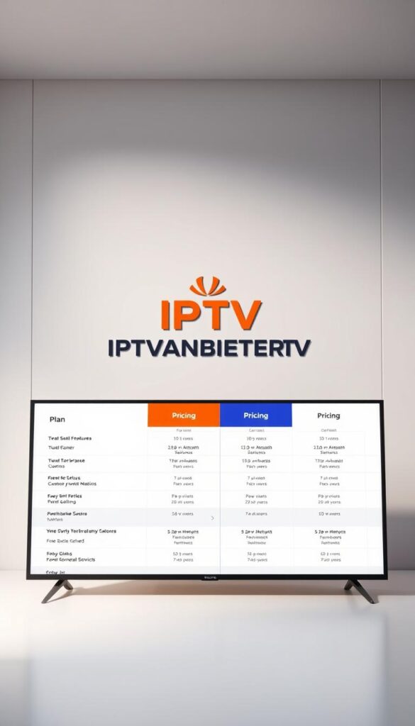 A sleek, modern comparison of IPTV pricing plans, showcasing an array of flexible options tailored to diverse needs. In the foreground, a clean, minimalist layout presents a side-by-side comparison of plan details, highlighting key features and pricing tiers. The middle ground features the IPTVANBIETERTV brand logo, rendered in a bold, eye-catching style that conveys a sense of professionalism and reliability. The background features a subtle, gradient-based pattern that adds depth and visual interest, creating an overall aesthetic that is both informative and visually appealing. The lighting is soft and diffused, casting a warm, inviting glow over the entire scene. The camera angle is slightly elevated, providing a birds-eye view that emphasizes the clean, organized presentation of the pricing information.