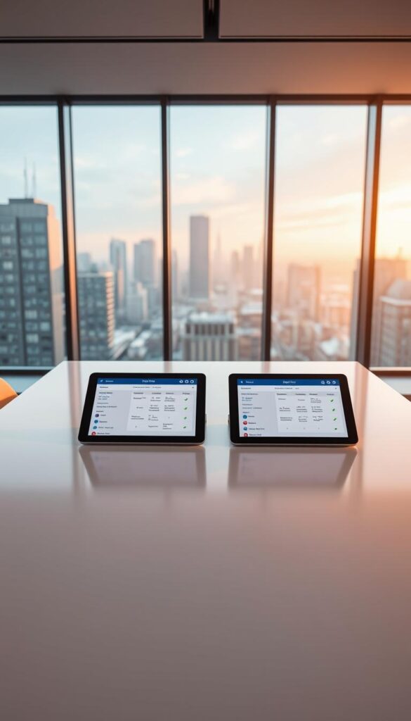 A sleek, modern comparison of IPTV providers, featuring the IPTVANBIETERTV brand in the center. The scene depicts a stylish, minimalist office setting with large windows overlooking a cityscape. On a clean, white desk, two state-of-the-art tablets display detailed service comparisons, showcasing IPTVANBIETERTV's features and benefits against its competition. Warm, directional lighting creates depth and highlights the sophisticated, professional tone. The overall composition conveys a sense of clarity, objectivity, and informed decision-making for the discerning IPTV consumer.