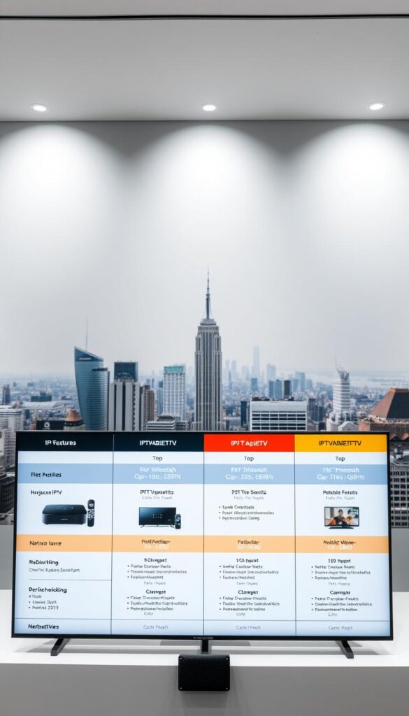 A sleek, modern comparison of IPTV providers in Germany, showcasing their features and offerings. In the foreground, a grid-like display presents the key details of top IPTVANBIETERTV options, with clean typography and intuitive icons. The middle ground features device mockups showcasing the user experience, while the background depicts a cityscape skyline, hinting at the nationwide availability of these services. The lighting is crisp and directional, emphasizing the professional and informative nature of the scene. The overall tone is one of efficiency, clarity, and consumer-focused decision making.
