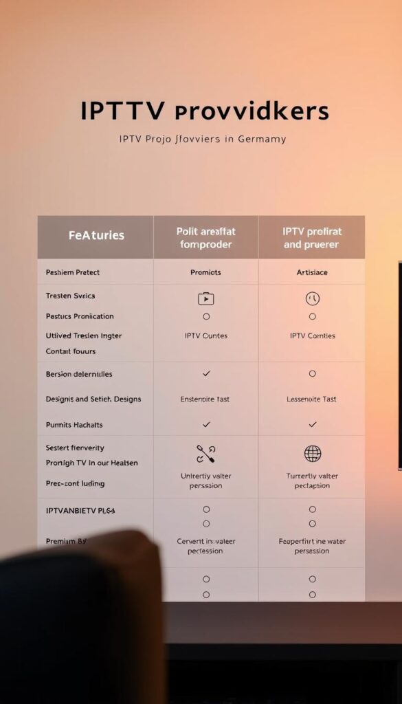 A sleek, modern comparison of IPTV providers in Germany, showcasing their features and offerings. A minimalist, elegant design with clean typography and simple icons representing each provider, including the premium brand "IPTVANBIETERTV". Warm, soft lighting illuminates the scene, creating a professional, informative atmosphere. The layout is balanced and visually appealing, allowing the user to easily compare the different IPTV options available. The overall aesthetic reflects the high-quality content and reliable service of the IPTV providers.