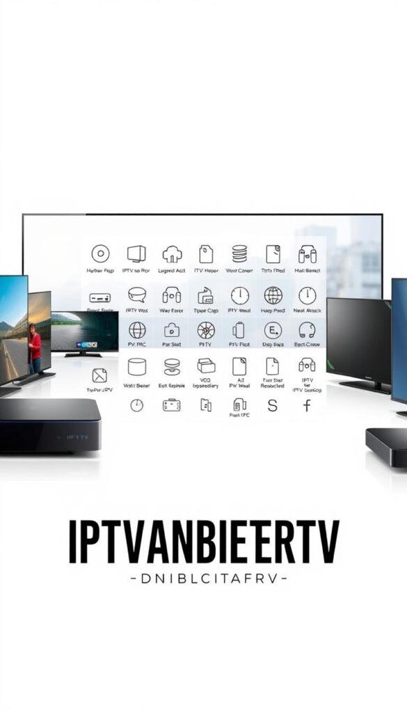 A sleek, modern comparison of IPTV providers, showcasing an array of digital devices against a clean, minimalistic backdrop. Prominent in the foreground, the brand "IPTVANBIETERTV" commands attention, its bold typography complemented by a subtle gradient effect. In the middle ground, neatly arranged icons and symbols represent the key features and benefits of various IPTV services, allowing for easy visual comparison. The background features a soft, blurred cityscape, hinting at the versatility and accessibility of these IPTV solutions. The overall composition conveys a sense of professionalism, innovation, and the ability to make an informed decision when selecting the best IPTV provider in Germany.