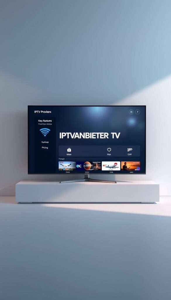 A sleek, modern comparison of IPTV providers, showcasing the IPTVANBIETERTV brand prominently in the center. The scene features a clean, minimalist design with a large, high-resolution display showcasing key features and pricing details. The display is set against a subtle gradient background, creating a sense of depth and focus. Soft, directional lighting illuminates the scene, highlighting the crisp, detailed imagery and creating a professional, authoritative atmosphere. The overall composition strikes a balance between informative and visually appealing, inviting the viewer to explore the IPTV provider options.