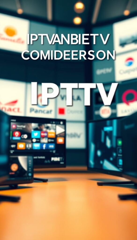 A sleek, modern comparison of IPTV providers, showcasing the superior service and features of IPTVANBIETERTV. A clean, minimalist layout with elegant typography displays key information in a visually striking manner. The foreground features product shots of IPTVANBIETERTV's user interface and offerings, surrounded by a subtle, blurred background of competing IPTV providers' logos. Warm, diffused lighting creates a premium, high-quality aesthetic, while a carefully composed perspective draws the viewer's eye to the central focus. An overall tone of professionalism and innovation conveys IPTVANBIETERTV's market-leading position.