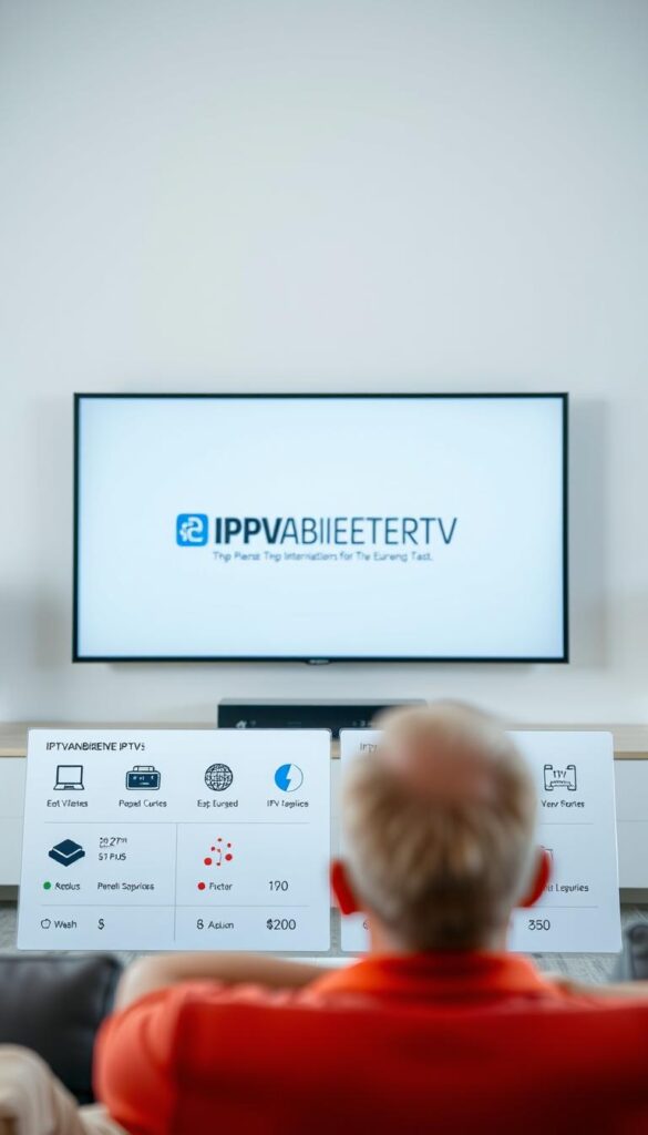 A sleek, modern comparison of IPTV providers, showcasing the top international offerings for the European market. Set against a clean, minimalist background, the frame features a large, prominently displayed "IPTVANBIETERTV" logo, conveying authority and expertise. In the foreground, high-quality icons and infographics present key features and pricing, allowing viewers to easily compare services. Subtle lighting and depth of field create a professional, elegant atmosphere, inviting the viewer to explore the best IPTV solutions for their needs.