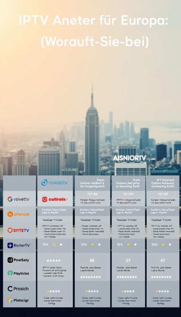 A sleek, modern comparison of IPTV providers, showcasing their diverse offerings for the European market. In the foreground, a minimalist grid layout displays the logos and names of leading IPTVANBIETERTV services, each presented with a clean, professional aesthetic. The middle ground features detailed information panels, highlighting key features, pricing, and customer ratings for each provider. The background depicts a sophisticated cityscape, symbolizing the interconnected, global nature of the IPTV landscape. Soft, warm lighting casts a subtle glow, creating a visually appealing and informative composition that captures the essence of the "IPTV Anbieter für Europa: Worauf Sie bei" section.