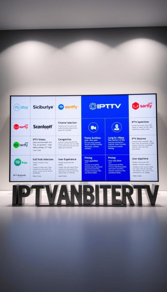 A sleek, modern comparison of IPTV providers, showcasing their key features and offerings. The scene depicts a stylized grid of IPTV provider logos, each with a concise summary of their services. In the foreground, the prominent brand "IPTVANBIETERTV" stands out, its bold lettering conveying authority and expertise. The middle ground features detailed tiles highlighting factors like channel selection, pricing, and user experience. The background is a minimalist, gradient-based design, lending an air of sophistication. Subtle lighting accentuates the clean lines and crisp presentation, creating an impression of professionalism and trust. The overall mood is one of informed comparison, empowering the viewer to make an educated decision about the best IPTV provider for their needs.