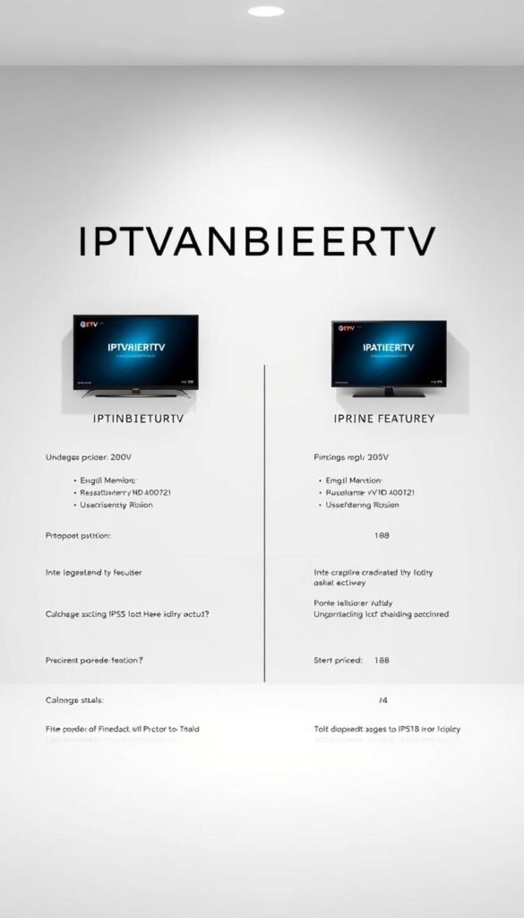 A sleek, modern comparison of IPTVANBIETERTV and other IPTV providers in Germany. Set against a clean, minimalist backdrop, the scene showcases the key features and pricing of the services in a clear, organized manner. Highlighted by soft, directional lighting from the top left, the layout presents the information in an elegant, easy-to-digest format. The overall mood is professional and informative, inviting the viewer to assess the options and make an informed decision.