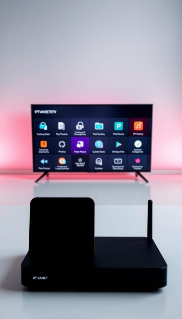 A sleek, modern comparison of IPTVANBIETERTV and other IPTV providers, set against a clean, minimalist backdrop. In the foreground, two minimalist device silhouettes, one for IPTVANBIETERTV and one for a competitor, placed side-by-side. The middle ground showcases a grid of stylized icons representing key features and services, lit by soft, indirect lighting. The background is a subtle gradient, hinting at technology and digital spaces. The overall mood is one of professionalism, clarity, and an objective, informed comparison of IPTV options.