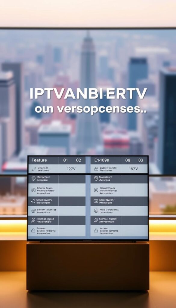 A sleek, modern comparison of IPTVANBIETERTV and other IPTV providers, showcasing their features and services. In the foreground, a clean, minimal display with side-by-side comparisons of key metrics like channel selection, streaming quality, and customer support. In the middle ground, subtle icons and infographics provide additional details. The background features a soft, blurred cityscape, conveying a sense of urban connectivity and technological innovation. The lighting is warm and inviting, creating a professional, yet approachable atmosphere. The composition is balanced and visually striking, drawing the viewer's attention to the key comparison points.