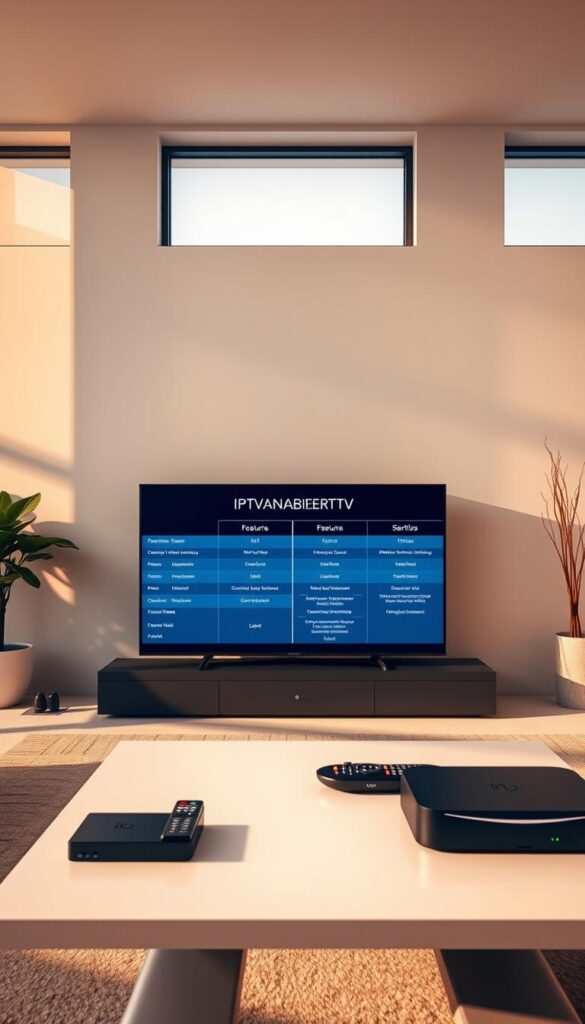 A sleek, modern comparison of IPTVANBIETERTV and other IPTV services. The scene depicts a stylish minimalist living room, with a large flatscreen TV at the center. On the screen, a side-by-side comparison of IPTVANBIETERTV's features and offerings against its competitors, presented in a clean, infographic-style layout. The room is bathed in warm, natural lighting from large windows, casting a cozy, inviting atmosphere. In the foreground, a modern coffee table displays various IPTV devices and remotes, hinting at the range of options available. The overall impression is one of a sophisticated, well-researched comparison, guiding the viewer towards an informed IPTV service decision.