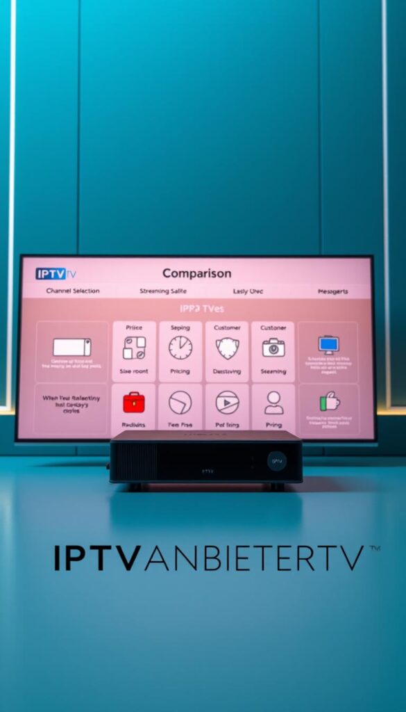 A sleek, modern comparison of leading IPTV service providers, showcasing their key features and offerings. Set against a minimalist, tech-inspired background with clean lines and a cool color palette. In the foreground, the brand "IPTVANBIETERTV" is prominently displayed, conveying a sense of authority and professionalism. The middle ground features detailed icons and infographic-style visuals highlighting the crucial criteria for evaluating IPTV providers, such as channel selection, streaming quality, pricing, and customer support. The overall composition exudes a sense of informative clarity, guiding the viewer through the essential elements of an IPTV service comparison. Subtle lighting and a carefully curated camera angle lend a sense of depth and visual interest to the scene.