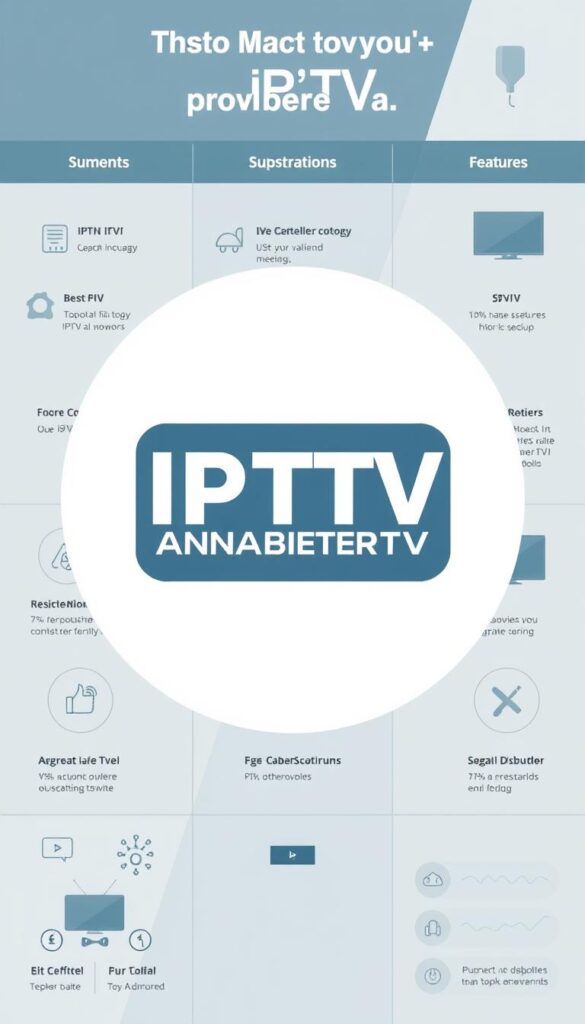 A sleek, modern comparison of the top IPTV providers in Germany, showcasing their services and features with a clean, minimalist design. The image should have a cool, slightly muted color palette, with a focus on simple, elegant icons and infographic-style layouts. In the center, a large, striking logo for "IPTVANBIETERTV" should be prominently displayed, conveying a sense of authority and professionalism. The overall composition should be well-balanced, with a sharp focus on the key information and a sense of visual harmony throughout.