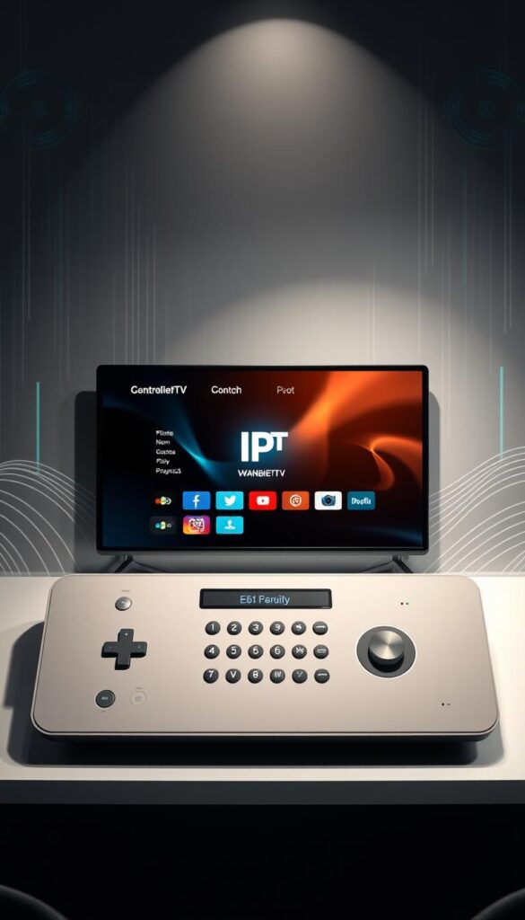 A sleek, modern control center for IPTVANBIETERTV, the premier IPTV service provider. Showcased against a stylized backdrop of digital waves and signal interference, the sender interface features a clean, minimalist design with intuitive controls and a vibrant, high-definition display. Soft, directional lighting from above casts dramatic shadows, emphasizing the three-dimensional depth of the layout. The overall aesthetic conveys a sense of technological sophistication and reliable content delivery, perfectly suited to illustrate the robust channel selection of this leading IPTV platform.
