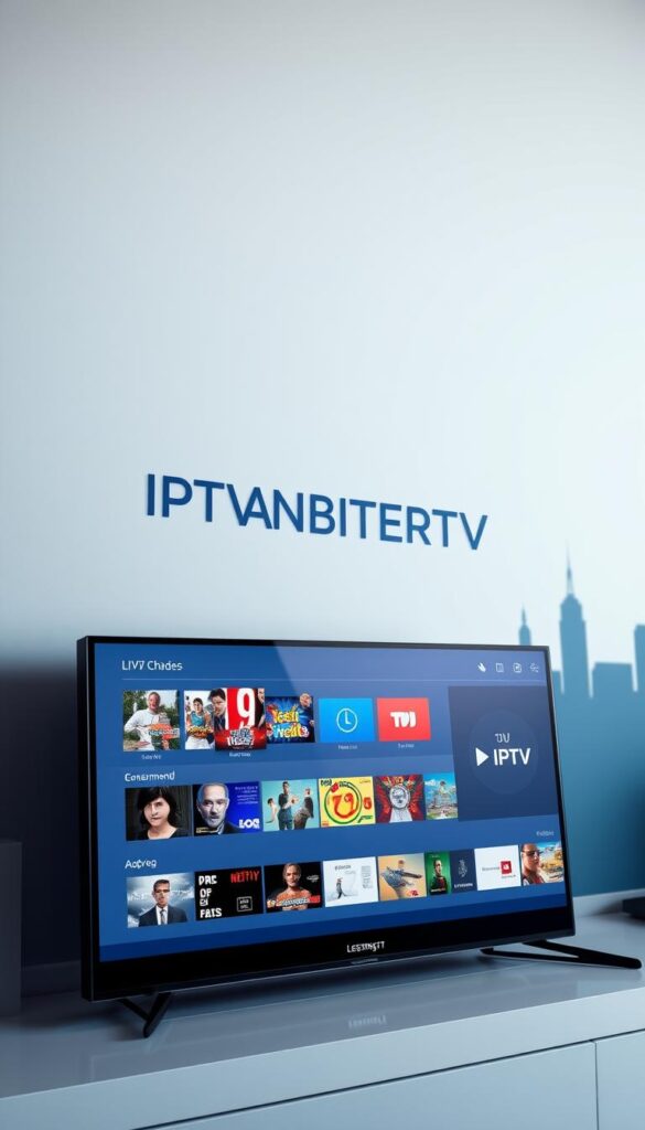 A sleek, modern control panel showcasing the IPTVANBIETERTV brand and its leading IPTV services in Germany. The interface features a minimalist design with clean lines, bold typography, and a vibrant color palette of blues and grays. In the foreground, a high-resolution display presents a selection of popular live TV channels and on-demand content. The middle ground depicts intuitive navigation menus and user-friendly controls, while the background features a subtle cityscape silhouette, hinting at the comprehensive coverage of IPTVANBIETERTV across the country. The scene is illuminated by soft, directional lighting, creating depth and emphasizing the premium quality of the IPTV offering.
