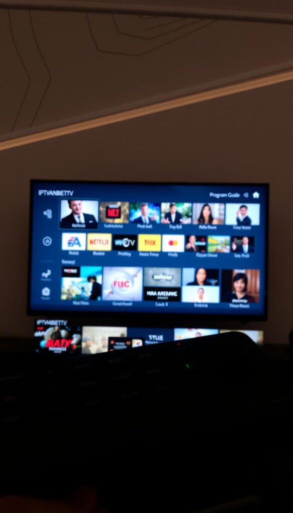 A sleek, modern control panel showcasing the diverse IPTVANBIETERTV channel lineup, with crisp high-definition visuals and a clean, intuitive user interface. The screen is bathed in a soft, ambient lighting, creating a sophisticated and professional atmosphere. In the foreground, a selection of popular live TV channels are prominently displayed, with elegant icons and text conveying the breadth of content available. The middle ground features a comprehensive program guide, allowing users to easily navigate and discover new shows. The background subtly depicts the IPTVANBIETERTV brand identity, with subtle geometric patterns and a muted color palette that exudes a sense of reliability and quality. The overall composition strikes a balance between functionality and aesthetic appeal, making it an inviting and user-friendly representation of the leading IPTV provider in Germany.