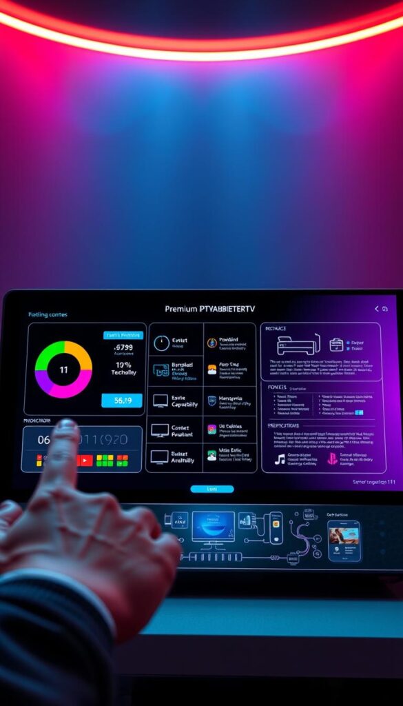 A sleek, modern control panel showcasing the technical requirements for a premium IPTVANBIETERTV service. Vibrant colors and clean lines create a visually appealing and informative display. In the foreground, a touch-enabled dashboard highlights key metrics like bandwidth, device compatibility, and content availability. The middle ground features detailed technical specifications and system architecture, rendered in a clear, technical style. In the background, a subtle grid pattern and soft lighting establish a professional, futuristic atmosphere. The overall image conveys the advanced, reliable nature of the IPTVANBIETERTV platform, ideal for illustrating the benefits of a lifelong subscription.