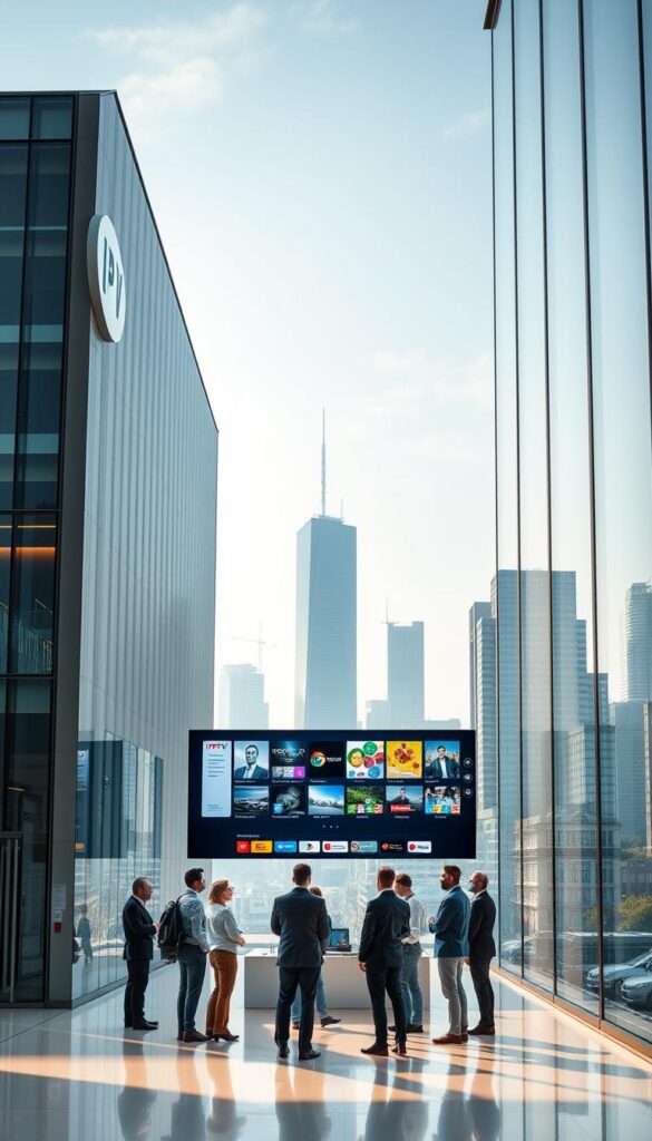 A sleek, modern corporate headquarters of IPTVANBIETERTV, the leading IPTV provider in Germany. The building's exterior features a minimalist, glass-and-steel design, with a prominent logo displayed prominently on the facade. The interior is bright and airy, with high ceilings and clean lines. In the foreground, a group of professionals are gathered, discussing the latest IPTV offerings and services. The mid-ground showcases a large, interactive display showcasing the company's expansive channel lineup and user-friendly interface. The background depicts the bustling city skyline, highlighting IPTVANBIETERTV's position as a leader in the German IPTV market. The scene conveys a sense of innovation, professionalism, and industry dominance.