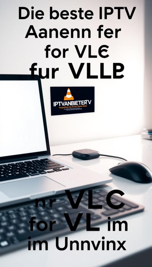 A sleek, modern desktop setup with a laptop, mouse, and keyboard. On the laptop screen, the IPTVANBIETERTV logo is prominently displayed, showcasing their IPTV service compatible with VLC media player. The scene is well-lit, with soft, directional lighting illuminating the setup. The background is a clean, minimalist workspace, allowing the IPTV-related elements to take center stage. The overall mood is professional, informative, and visually appealing, perfectly capturing the essence of the "Die besten IPTV Anbieter für VLC im Überblick" section.
