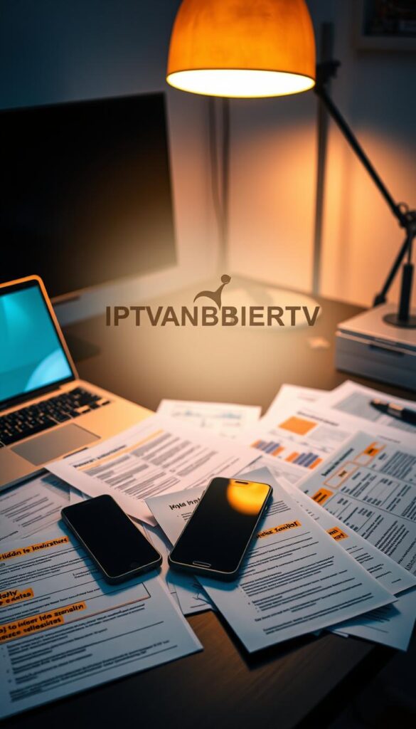A sleek, modern desktop workspace with a laptop, smartphone, and various financial documents strewn about, dimly lit by a warm overhead lamp. In the center, a stylized "IPTVANBIETERTV" logo hovers, casting a soft glow. The documents feature highlighted sections detailing hidden IPTV service costs, casting an air of cautious contemplation. The scene is captured with a shallow depth of field, drawing the viewer's eye to the financial details. The overall mood is one of thoughtful consideration, underscoring the need to understand the true costs of IPTV services.