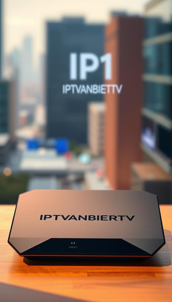 A sleek, modern device displaying the IPTVANBIETERTV brand, positioned prominently in the foreground. The device has a clean, minimalist design with sharp edges and a glossy finish. The background features a softly blurred cityscape, hinting at the urban setting and the connectivity that IPTV services provide. The lighting is warm and natural, creating a welcoming and inviting atmosphere. The overall composition emphasizes the versatility and user-friendliness of the IPTVANBIETERTV platform, making it an appealing choice for legal IPTV services.