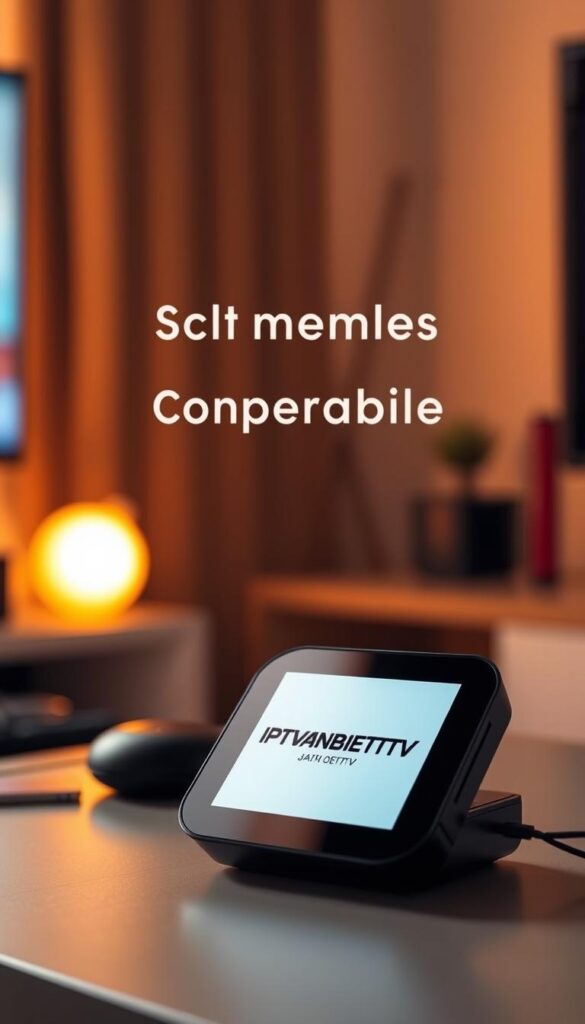 A sleek, modern device displaying the IPTVANBIETERTV logo, showcasing seamless multi-device compatibility. The scene is bathed in warm, diffused lighting, creating a cozy, inviting atmosphere. The device is prominently featured, surrounded by a minimalist, clutter-free backdrop that highlights its clean design. The overall composition conveys a sense of simplicity, versatility, and accessibility, aligning with the article's focus on affordable IPTV solutions that deliver high-quality content across various platforms.
