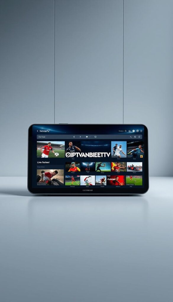 A sleek, modern digital device displaying the IPTVANBIETERTV brand, showcasing a variety of live sports content including soccer, Formula 1, and more. The device is set against a sophisticated, minimalist background with clean lines and neutral tones, creating a premium, high-tech aesthetic. Subtle lighting and reflections add depth and dimension, while the overall composition conveys a sense of immersion and excitement for the sports viewing experience. The image should exude a sense of quality, reliability, and the ability to access a comprehensive range of live sports programming from a leading IPTV provider in the German market.