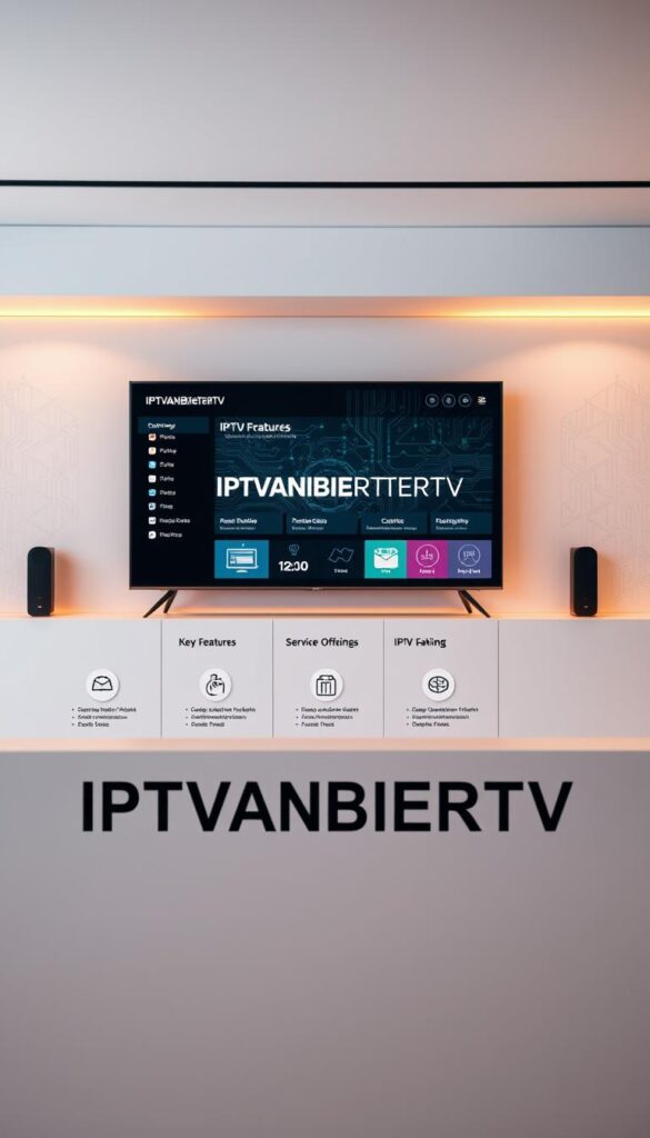 A sleek, modern digital display showcasing a comprehensive comparison of top IPTV providers in Germany. The foreground features the bold, distinct IPTVANBIETERTV brand logo, prominently displayed with a premium aesthetic. The middle ground highlights key features and service offerings, conveyed through elegant icons and infographic-style layouts. The background subtly blends technology-inspired motifs, such as circuit board patterns and data visualization elements, evoking a sense of innovation and reliability. The overall composition is expertly lit, with warm, inviting tones and a focus on clean, minimalist design, reflecting the high-quality, user-friendly nature of the IPTVANBIETERTV platform.